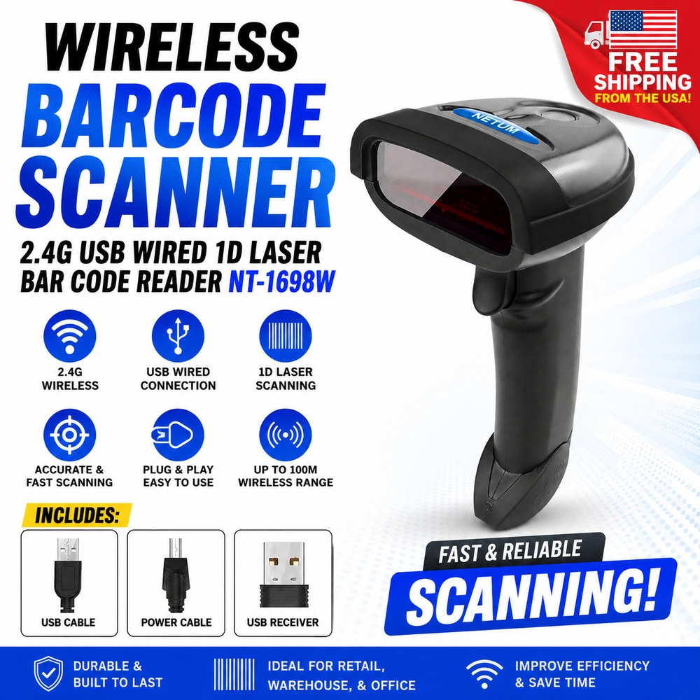 Wireless Barcode Scanner 2.4G USB Wired 1D Laser Bar Code Reader NT-1698W